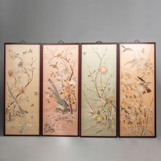 独角鹿西洋古董清代中国出品花鸟粤绣四条屏插屏屏风 商品图0