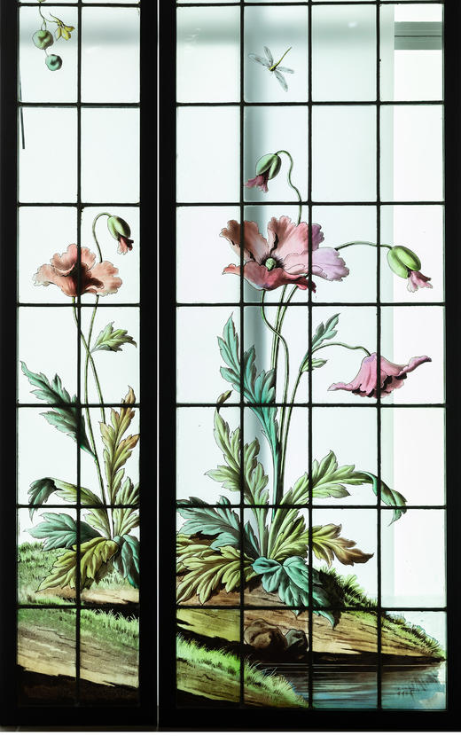 独角鹿西洋古董法国新艺术时期燕雀鸢尾水岸春绘玻璃花窗四件 商品图2