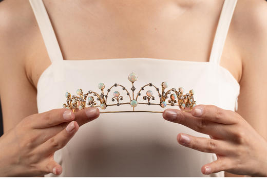 独角鹿西洋古董维多利亚时期15K黄金纯银镶嵌欧泊钻石冠冕项链 商品图1