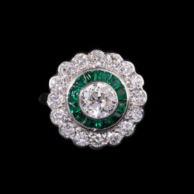 独角鹿西洋古董首饰珠宝法国铂金镶嵌钻石祖母绿玛格丽特款戒指