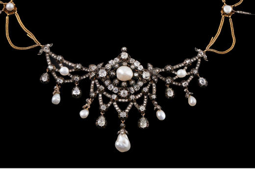 独角鹿西洋古董首饰法国珍珠钻石金银叠打可拆卸垂花帷幔式项链 商品图2