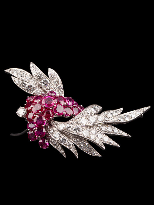 独角鹿西洋古董René Kern18K白金镶钻石红宝石花卉枝叶耳夹胸针 商品图4