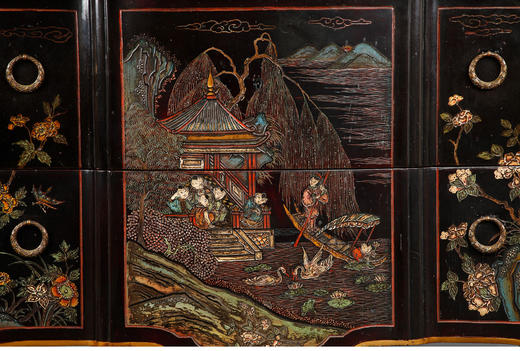 独角鹿西洋古董家具中国风花鸟人物彩漆描金大理石台面斗柜边柜 商品图4