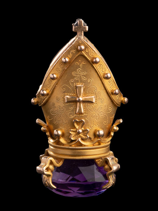 独角鹿西洋古董欧洲主教冠造型黄金雕花嵌紫水晶火漆印章吊坠 商品图0