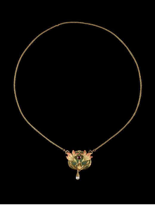 独角鹿西洋古董珠宝首饰黄金镶珍珠蔷薇辉石空窗珐琅花束吊坠项链 商品图3