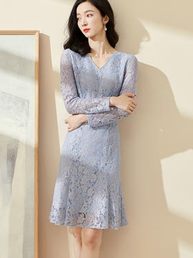 剩M/L/XL 米思阳2026春季新款优雅气质金葱刺绣蕾丝中长裙鱼尾连衣裙0076