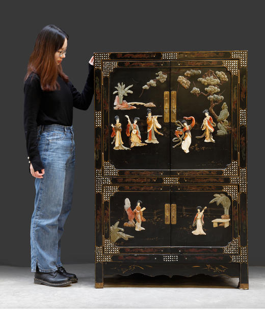 独角鹿西洋古董家具中国山毛榉木硬石镶嵌母贝皂石描金柜子立柜 商品图1