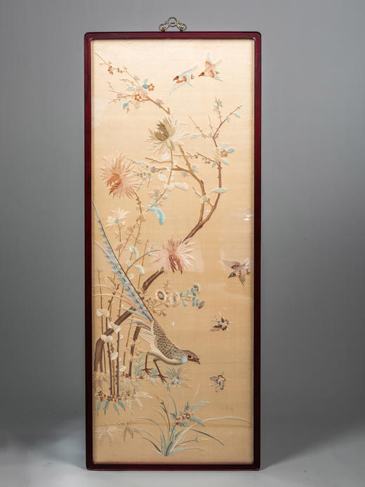 独角鹿西洋古董清代中国出品花鸟粤绣四条屏插屏屏风 商品图1