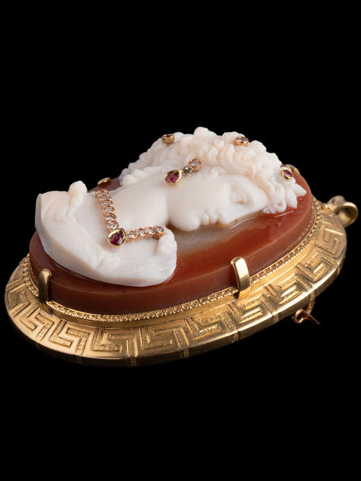 独角鹿西洋古董18K金红宝石钻石嵌Cameo卡梅奥玛瑙浮雕胸针吊坠 商品图4