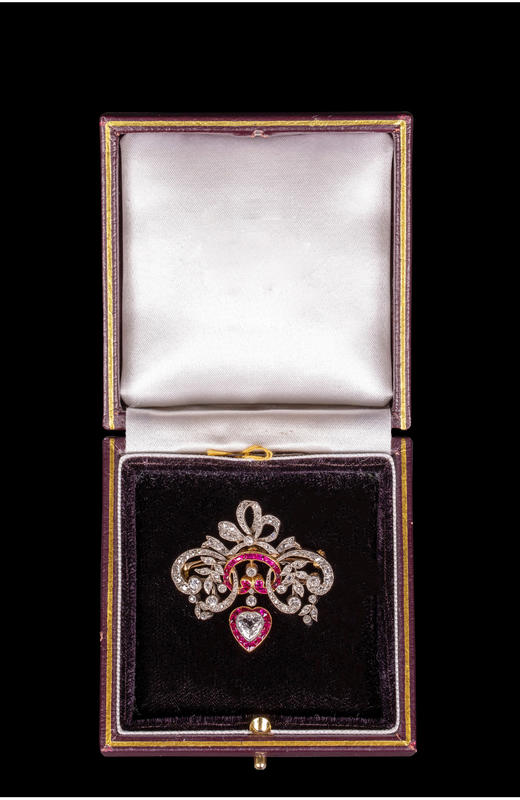 独角鹿西洋古董珠宝首饰欧洲心型钻石红宝石缎带蝴蝶结胸针吊坠 商品图3