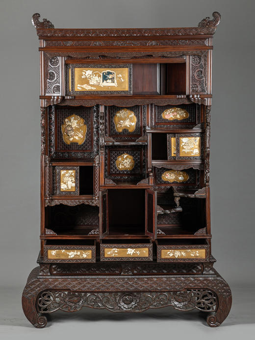 独角鹿西洋古董家具明治漆木镂雕花鸟博古芝山镶嵌多宝阁展示柜 商品图1