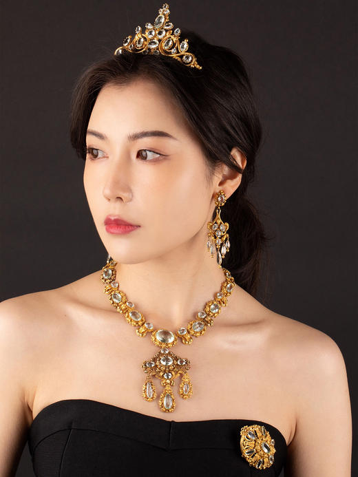 独角鹿西洋古董珠宝首饰套装浪漫主义风格黄金雕花镶嵌海蓝宝石 商品图1