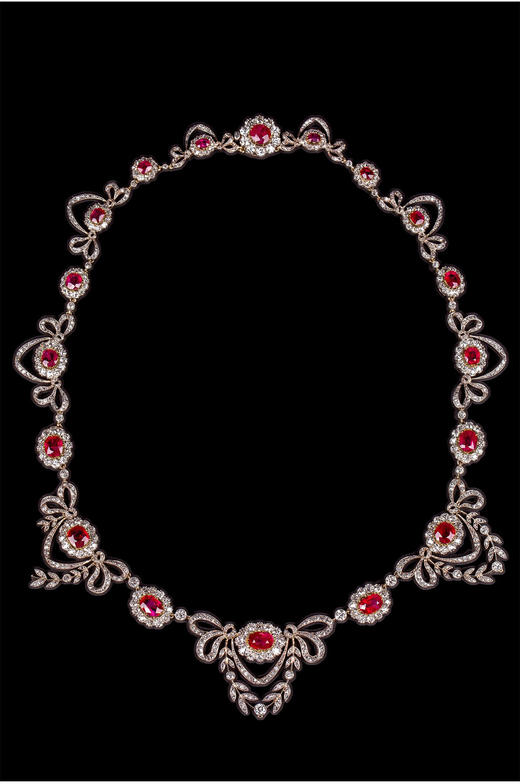 独角鹿西洋古董英国金银镶嵌缅甸无烧红宝石及钻石蝴蝶结花环项链 商品图2