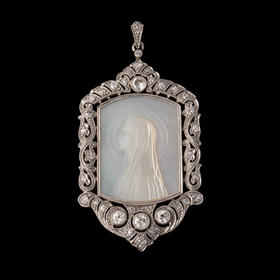 独角鹿西洋古董珠宝首饰装饰艺术钻石铂金母贝雕刻圣母侧身像吊坠