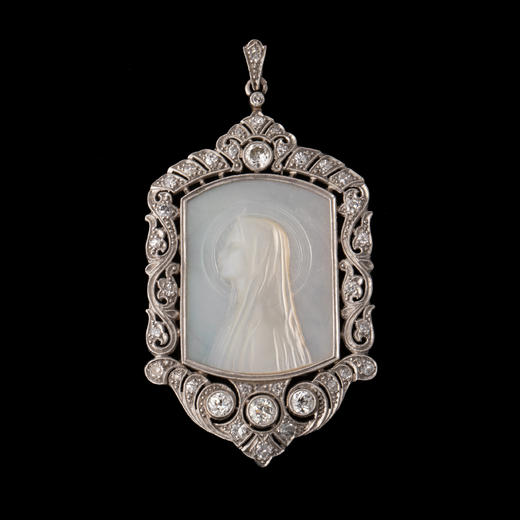 独角鹿西洋古董珠宝首饰装饰艺术钻石铂金母贝雕刻圣母侧身像吊坠 商品图0