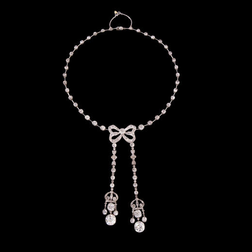 独角鹿西洋古董首饰美好时代铂金镶钻石缎带蝴蝶结Négligée项链 商品图0