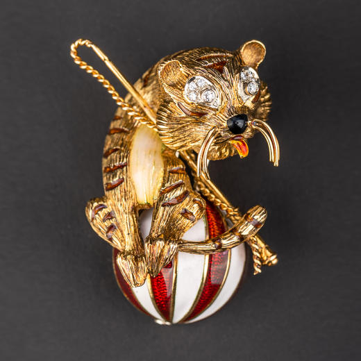 独角鹿西洋古董珠宝首饰法国著名珠宝世家珐琅18K金小老虎胸针 商品图0