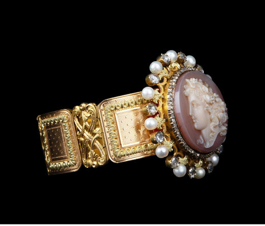 独角鹿西洋古董18K金镶嵌珍珠钻石玛瑙浮雕卡梅奥cameo手镯手链 商品图3