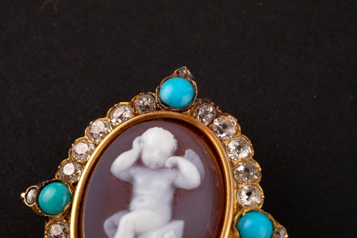 独角鹿西洋古董珠宝首饰黄金镶嵌钻石绿松石玛瑙卡梅奥浮雕胸针 商品图3