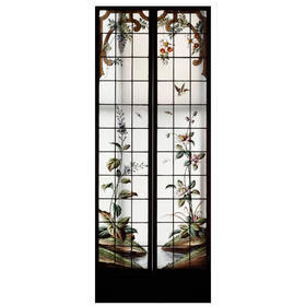 独角鹿西洋古董法国新艺术时期出品水滨花鸟主题彩绘玻璃花窗一对