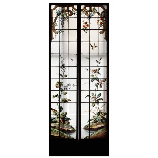 独角鹿西洋古董法国新艺术时期出品水滨花鸟主题彩绘玻璃花窗一对 商品图0