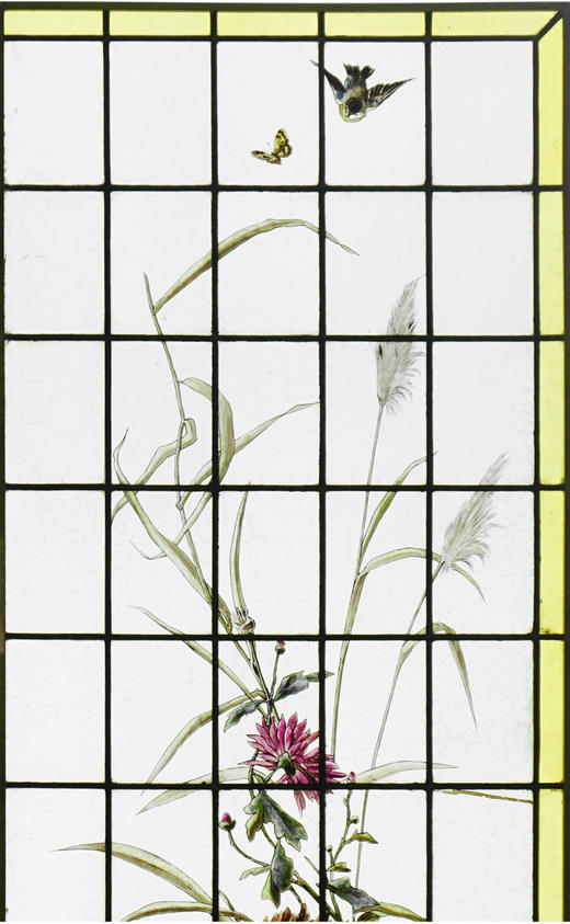 独角鹿西洋古董法国向日葵大丽花水边雀鸟珐琅彩绘玻璃窗花窗一对 商品图3