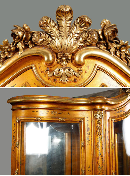 独角鹿西洋古董家具法国羽毛纹章雕饰金地马丁漆弧形玻璃展示柜 商品图4