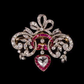 独角鹿西洋古董珠宝首饰欧洲心型钻石红宝石缎带蝴蝶结胸针吊坠