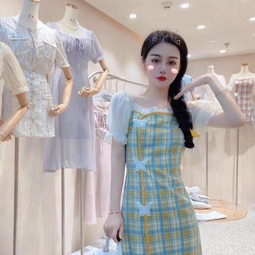 2022夏季新款少女风格子泡泡袖旗袍蝴蝶装饰修身显瘦一字肩连衣裙 商品图8