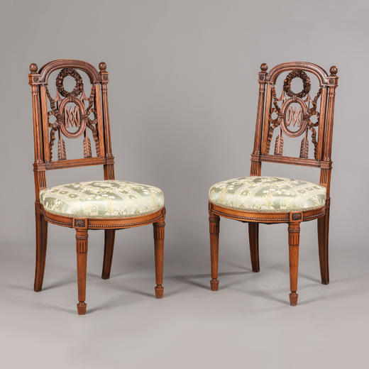 独角鹿西洋古董家具法国路易十六风胡桃木精雕提花缎面座椅一对 商品图0