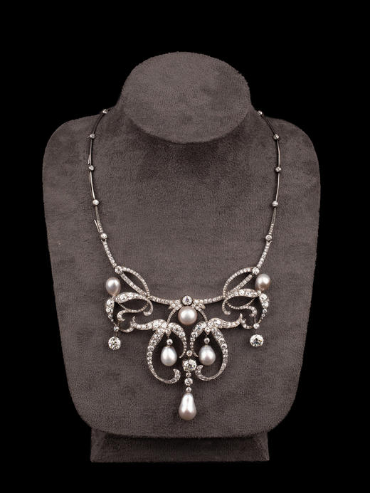 独角鹿西洋古董首饰美好时代黄金底纯银镶钻石天然海水珍珠项链 商品图2