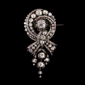 独角鹿西洋古董珠宝欧洲18K金纯银镶钻石圆形缎带蝴蝶结造型胸针