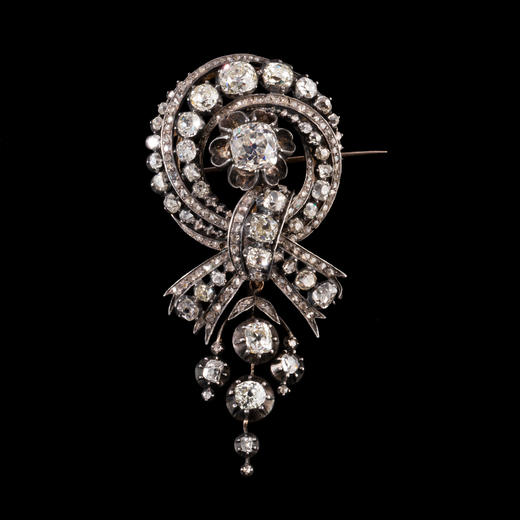 独角鹿西洋古董珠宝欧洲18K金纯银镶钻石圆形缎带蝴蝶结造型胸针 商品图0