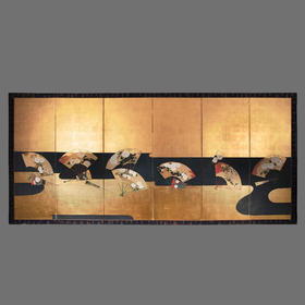 独角鹿西洋古董日本江户时期琳派风格扇图绘纸本金地六扇六曲屏风