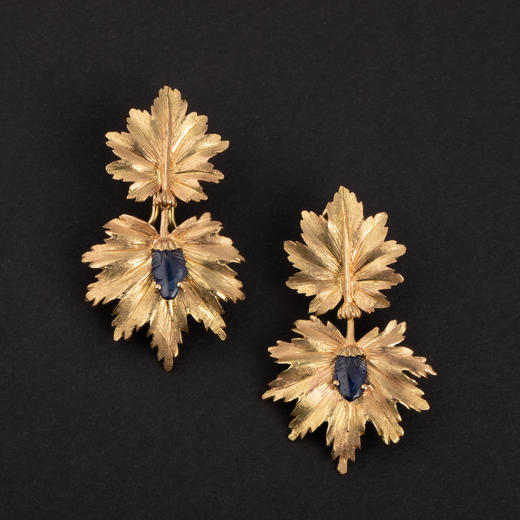 独角鹿西洋古董珠宝首意大利布挈拉提18k黄金镶嵌蓝宝石耳坠耳饰 商品图0