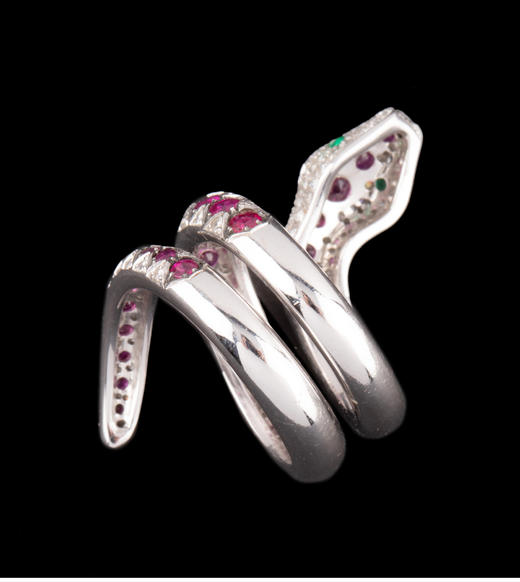 独角鹿西洋古董珠宝首饰白金镶嵌钻石红宝石祖母绿灵蛇造型戒指 商品图4