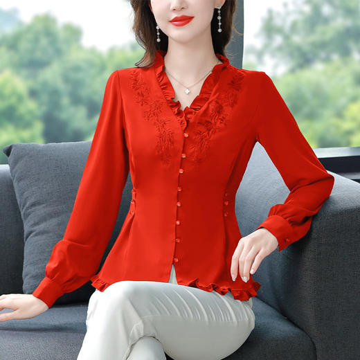 刺绣花气质遮肚子收腰显瘦v领衬衣AHM-dydd6078 商品图0