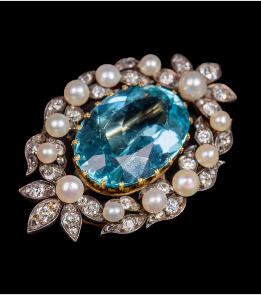 独角鹿西洋古董珠宝首饰英国金银叠打镶钻石珍珠海蓝宝石花叶胸针 商品图4