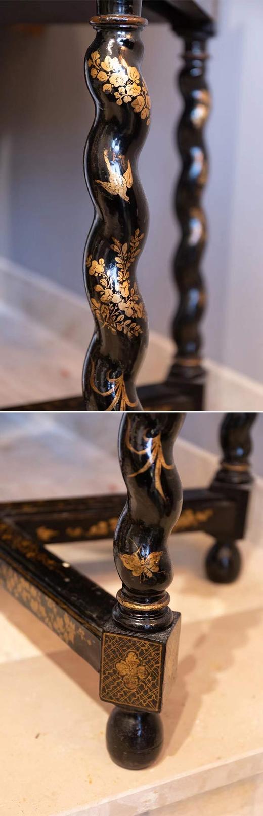 独角鹿西洋古董家具亚洲出品祥瑞主题铜鎏金装饰黑漆金绘高脚边柜 商品图3