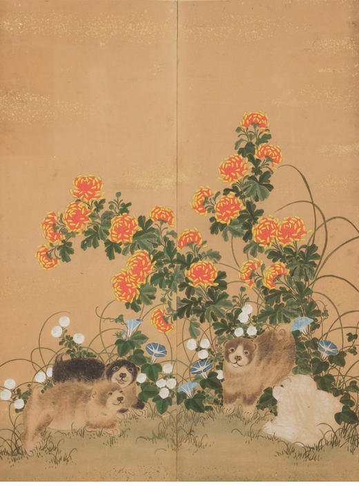 独角鹿西洋古董日本大正时期纸本设色幼犬花卉六曲六扇屏风 商品图3