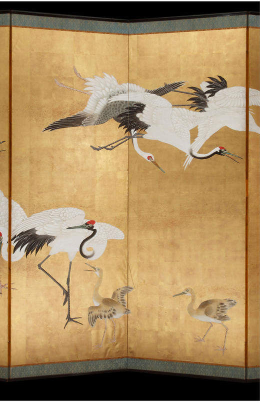 独角鹿西洋古董日本狩野派法桥泉玄签名金地纸本着色仙鹤六曲屏风 商品图3