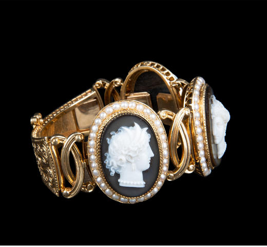 独角鹿西洋古董珠宝法国18K金镶珍珠玛瑙浮雕卡梅奥cameo手镯手链 商品图4