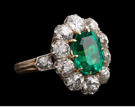 独角鹿西洋古董首饰珠宝法国18K金镶嵌哥伦比亚祖母绿钻石戒指 商品图2