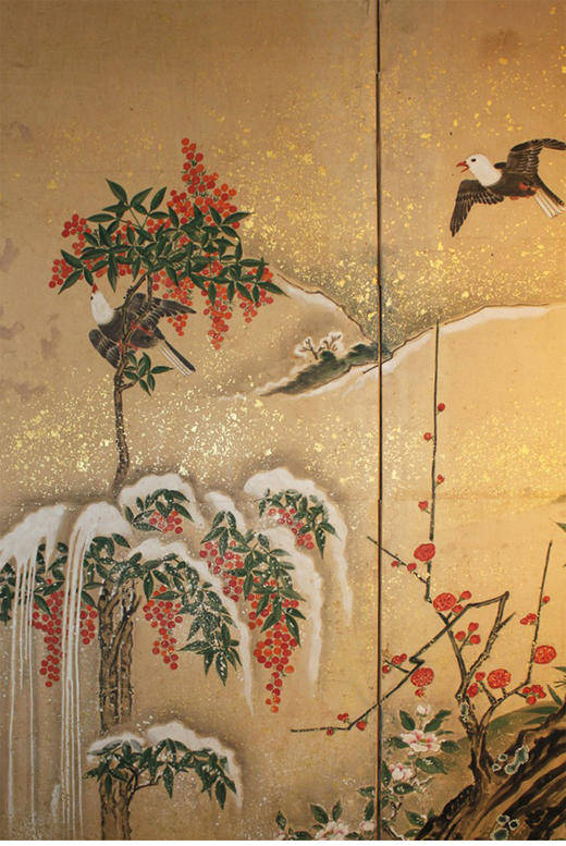 独角鹿西洋古董日本江户时期纸本金地春景鸡雀主题六曲屏风六扇 商品图4