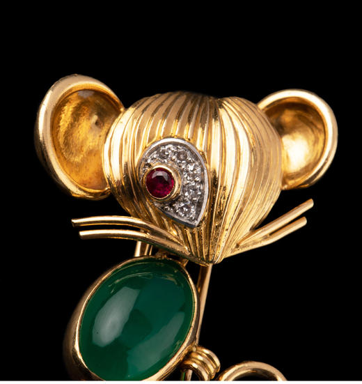 独角鹿西洋古董法国珠宝世家18k金镶钻石绿玉髓红宝石小老鼠胸针 商品图2
