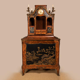 独角鹿西洋古董19世纪末比利时Rosel漆面玫瑰木带钟边柜立柜