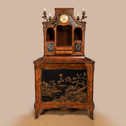 独角鹿西洋古董19世纪末比利时Rosel漆面玫瑰木带钟边柜立柜 商品图0