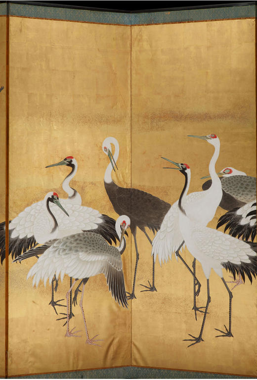 独角鹿西洋古董江户时代画师狩野派群鹤图纸本金叶六曲屏风日式 商品图1