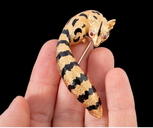 独角鹿西洋古董法国珠宝世家珐琅18K金镶红宝石钻石狐狸造型胸针 商品图2