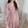 气质显瘦复古粉色花朵高腰V领荷叶边韩版长裙打底裙春秋装印花裙 商品缩略图3